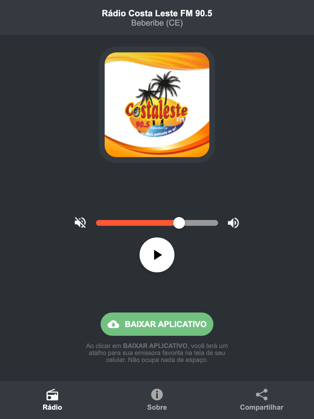 Screenshot do aplicativo da Rádio Costa Leste FM 90.5