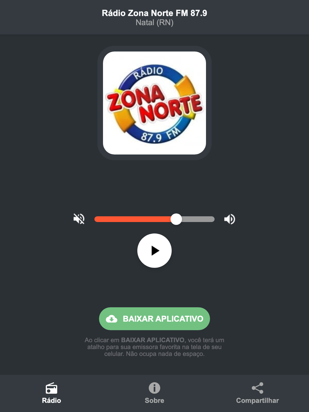 Screenshot do aplicativo da Rádio Zona Norte FM 87.9
