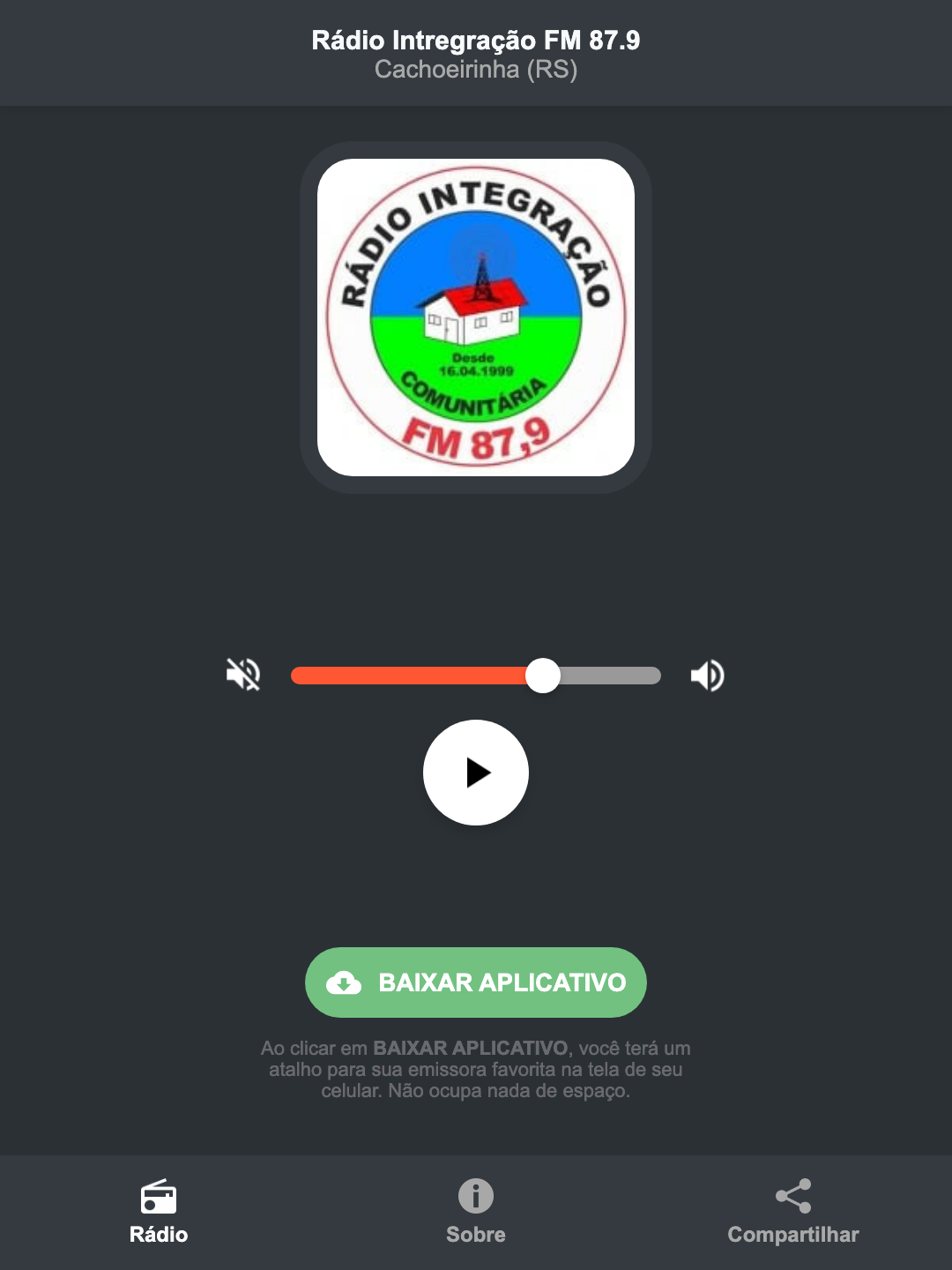 Screenshot do aplicativo da Rádio Intregração FM 87.9