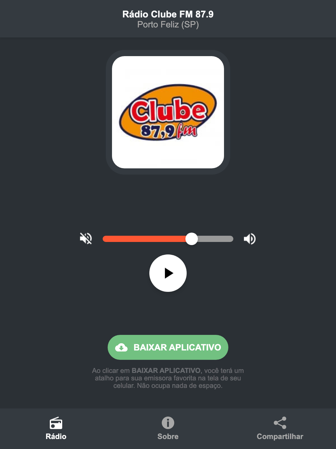 Screenshot do aplicativo da Rádio Clube FM 87.9