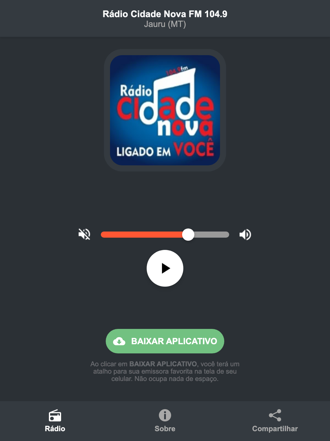 Screenshot do aplicativo da Rádio Cidade Nova FM 104.9