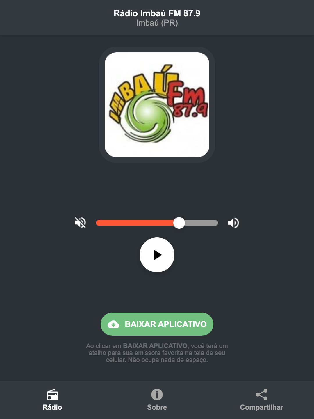 Screenshot do aplicativo da Rádio Imbaú FM 87.9
