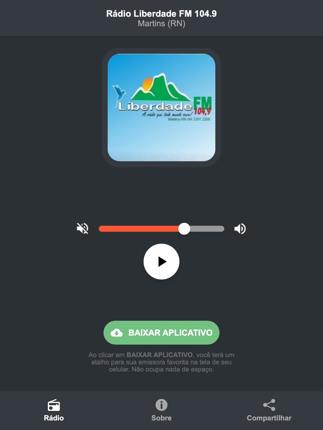 Screenshot do aplicativo da Rádio Liberdade FM 104.9