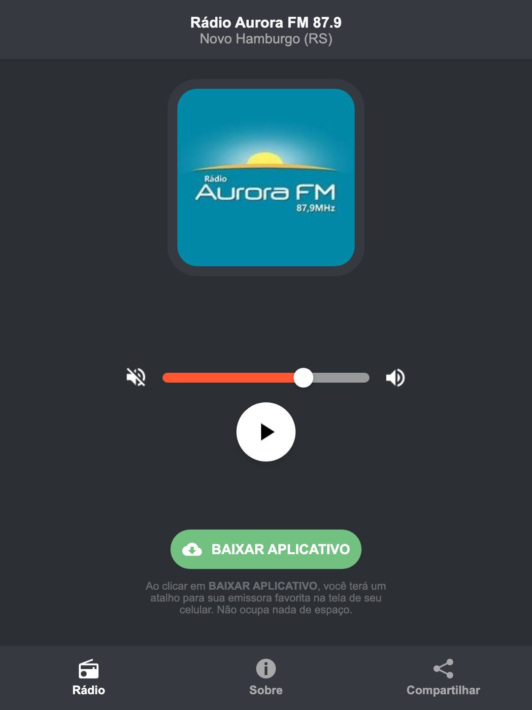 Screenshot do aplicativo da Rádio Aurora FM 87.9