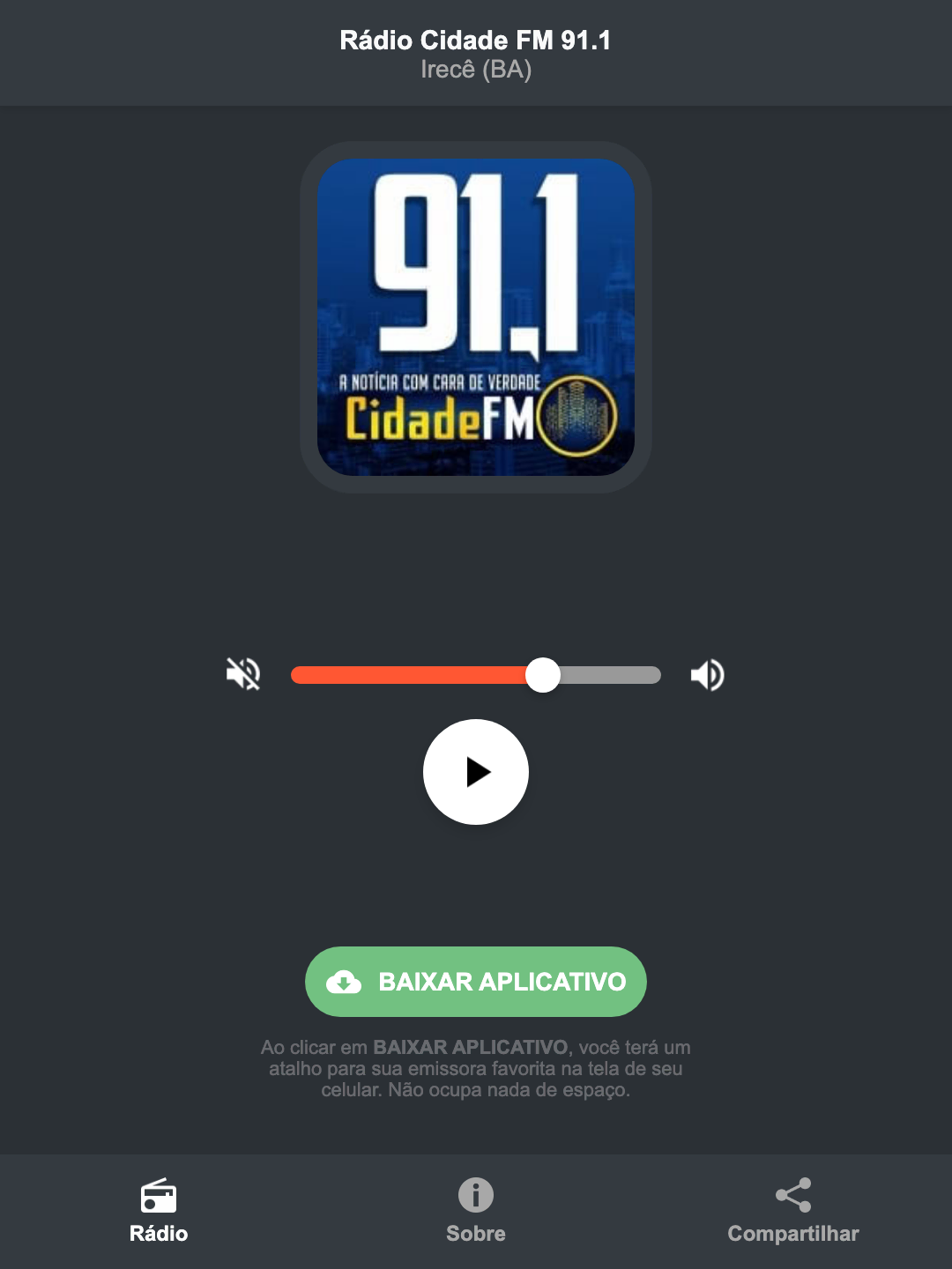 Screenshot do aplicativo da Rádio Cidade FM 91.1