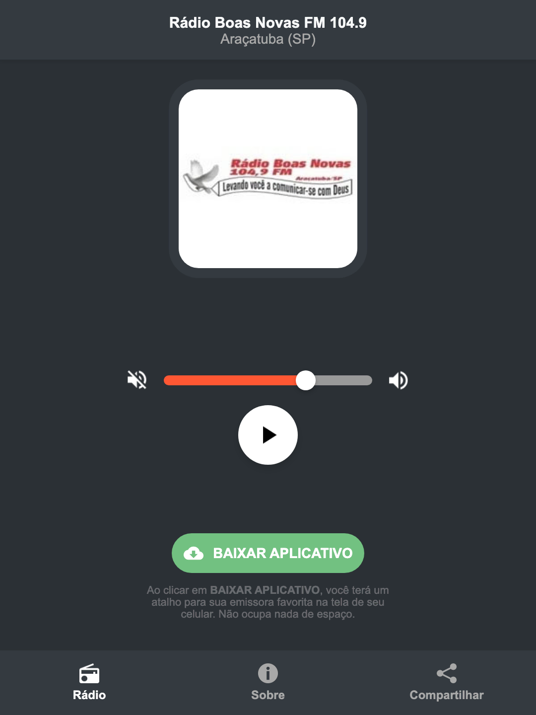 Screenshot do aplicativo da Rádio Boas Novas FM 104.9