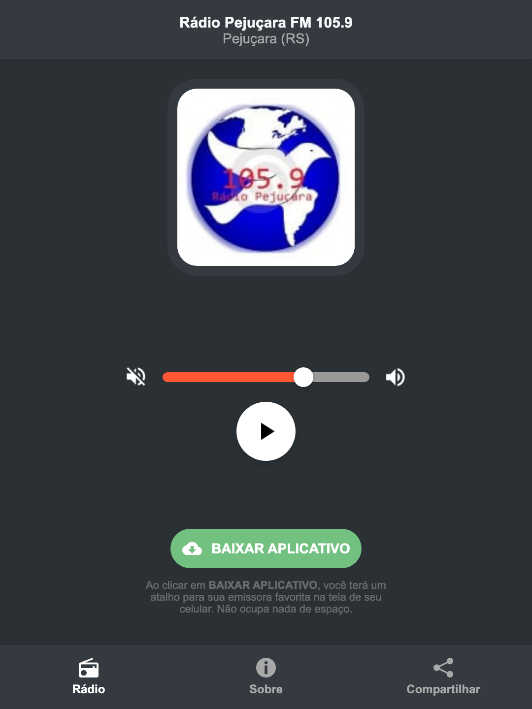 Screenshot do aplicativo da Rádio Pejuçara FM 105.9