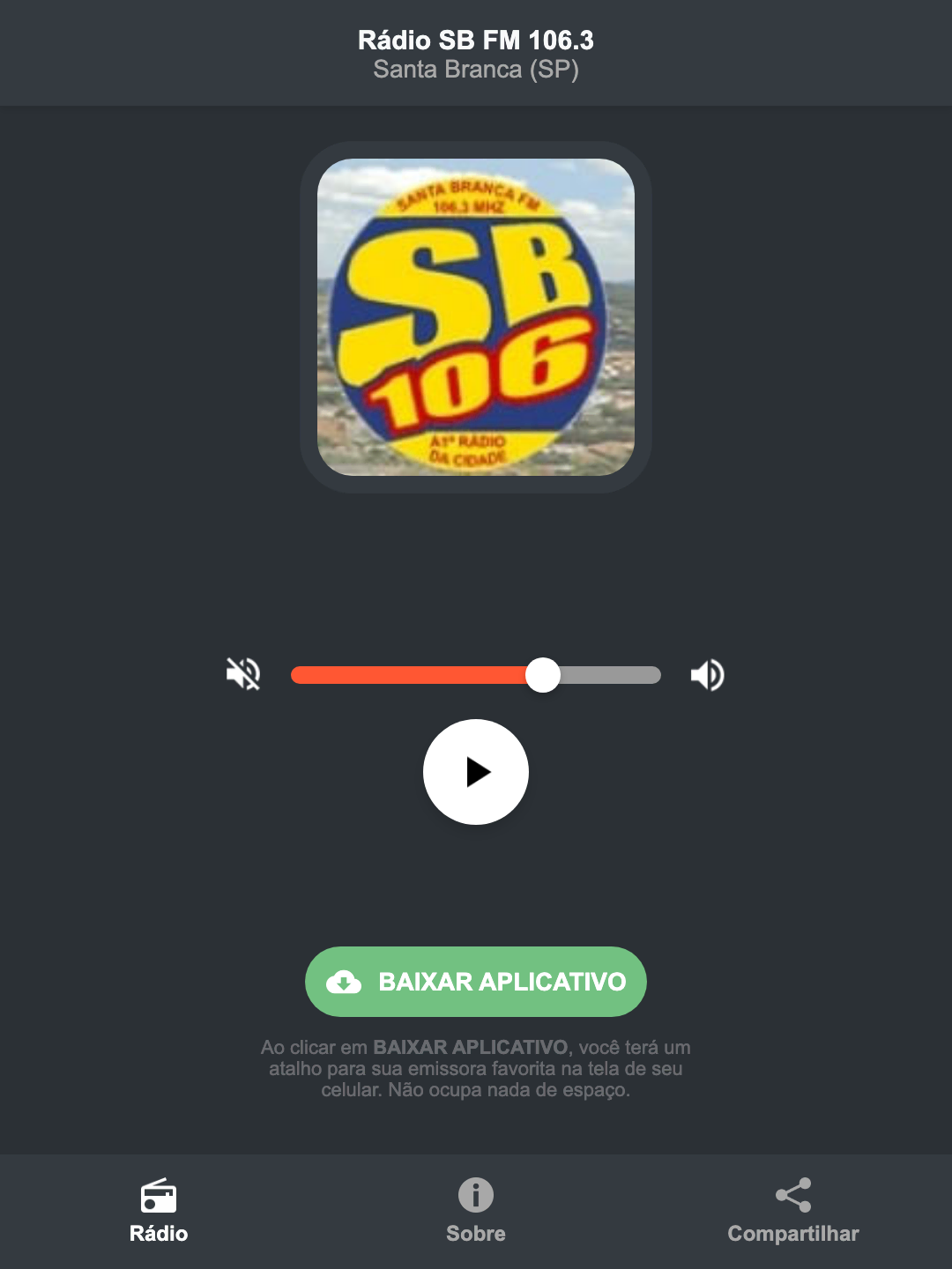 Screenshot do aplicativo da Rádio SB FM 106.3