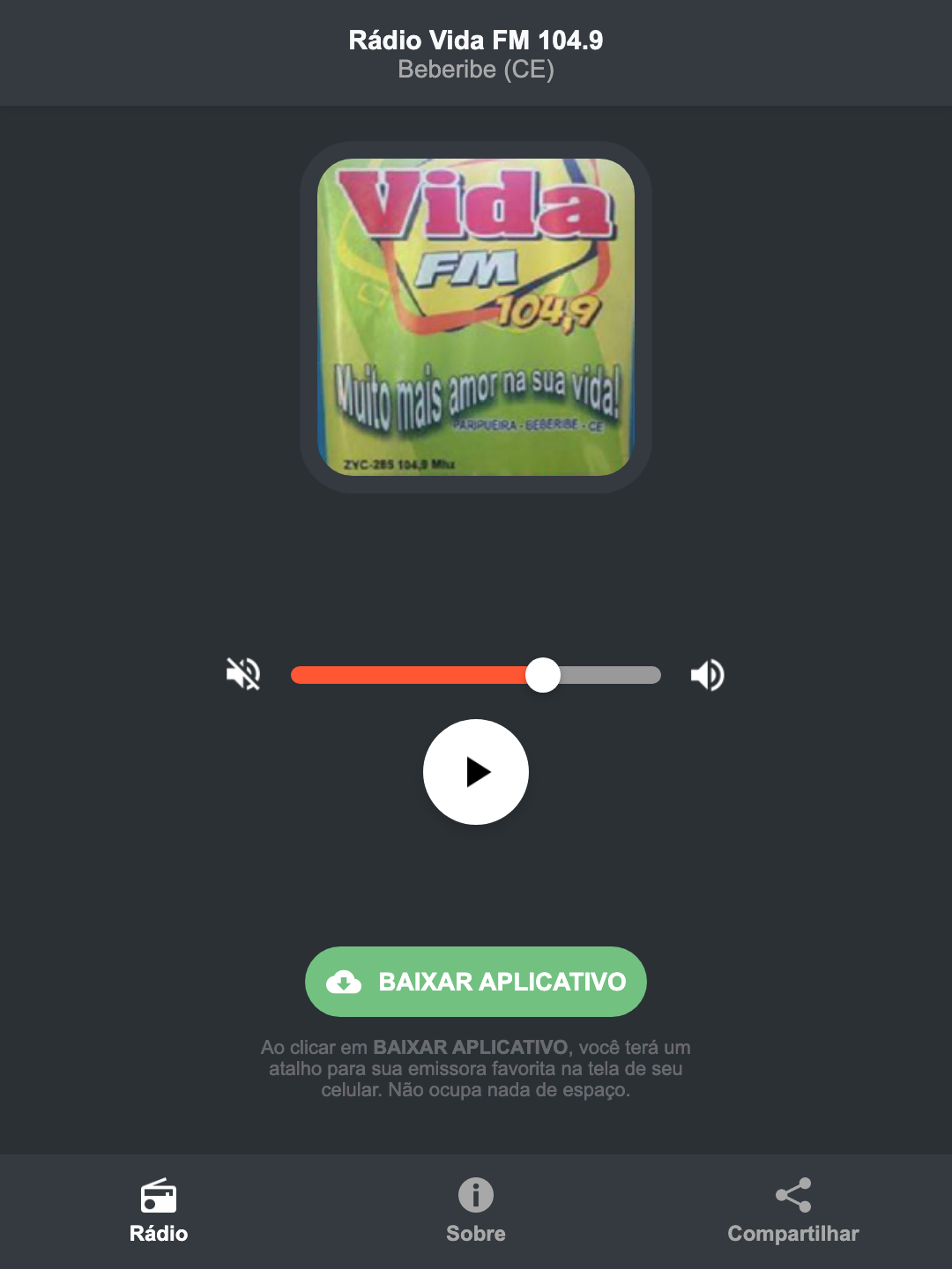 Screenshot do aplicativo da Rádio Vida FM 104.9