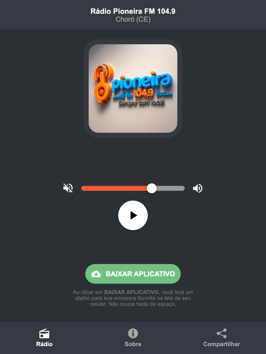 Screenshot do aplicativo da Rádio Pioneira FM 104.9