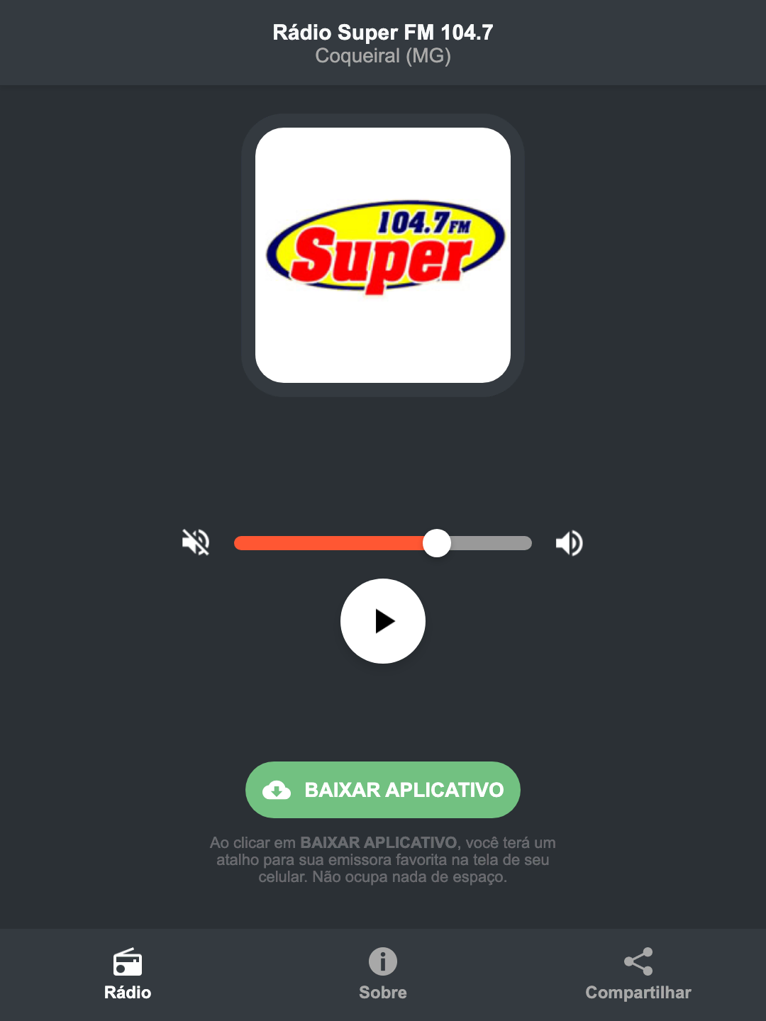 Screenshot do aplicativo da Rádio Super FM 104.7