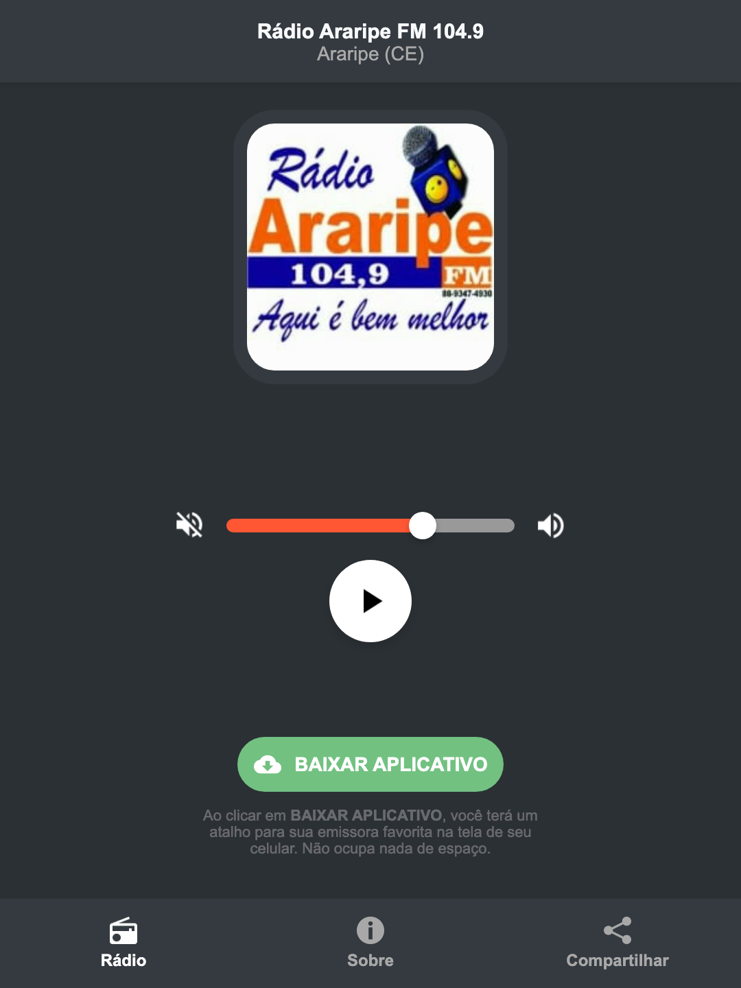 Screenshot do aplicativo da Rádio Araripe FM 104.9