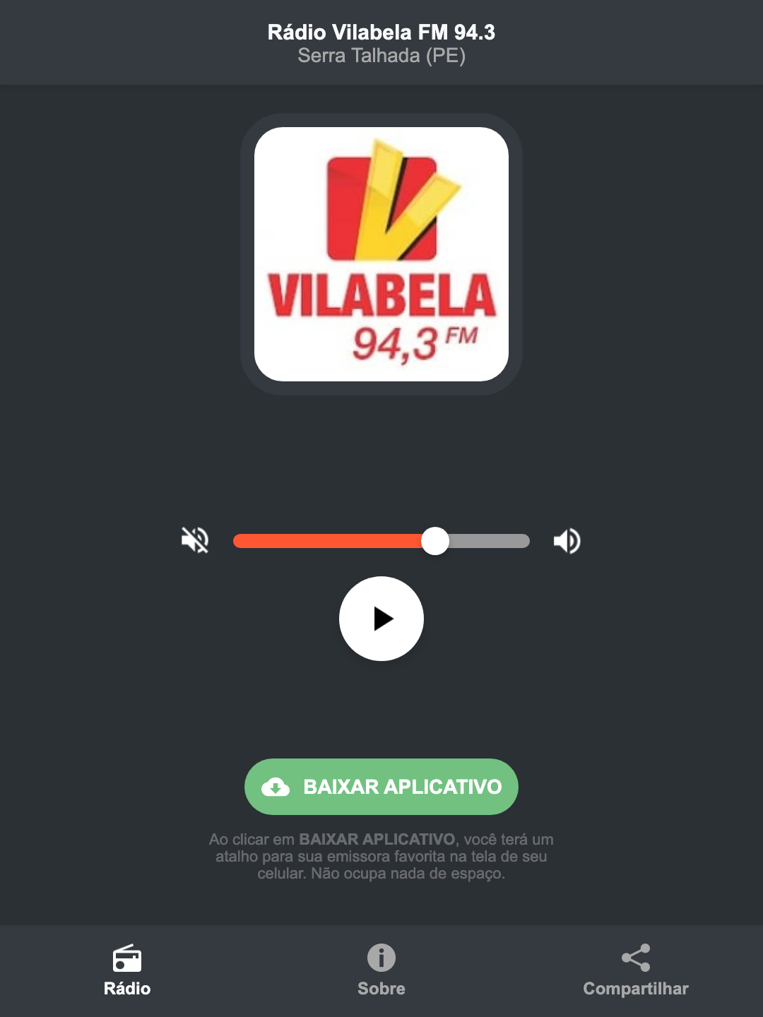 Screenshot do aplicativo da Rádio Vilabela FM 94.3