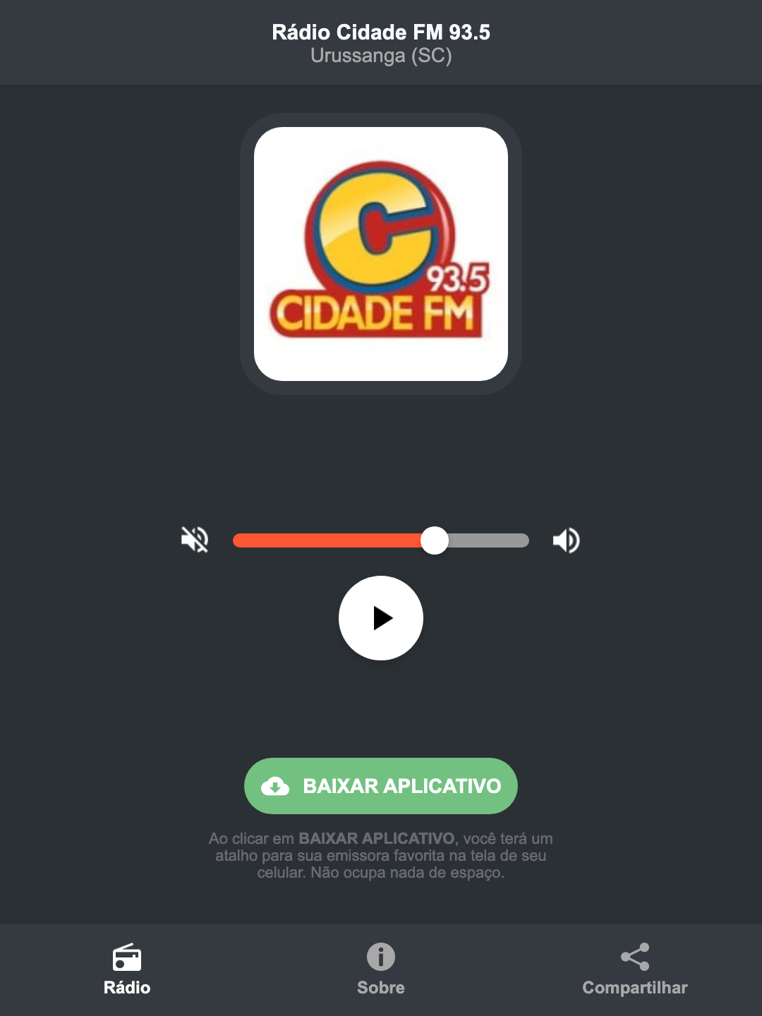 Screenshot do aplicativo da Rádio Cidade FM 93.5