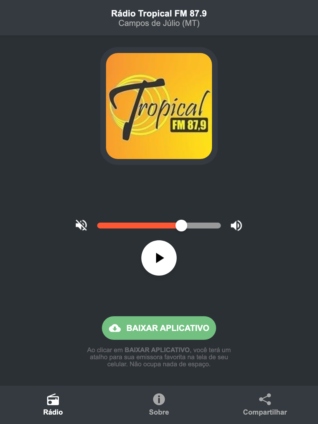 Screenshot do aplicativo da Rádio Tropical FM 87.9
