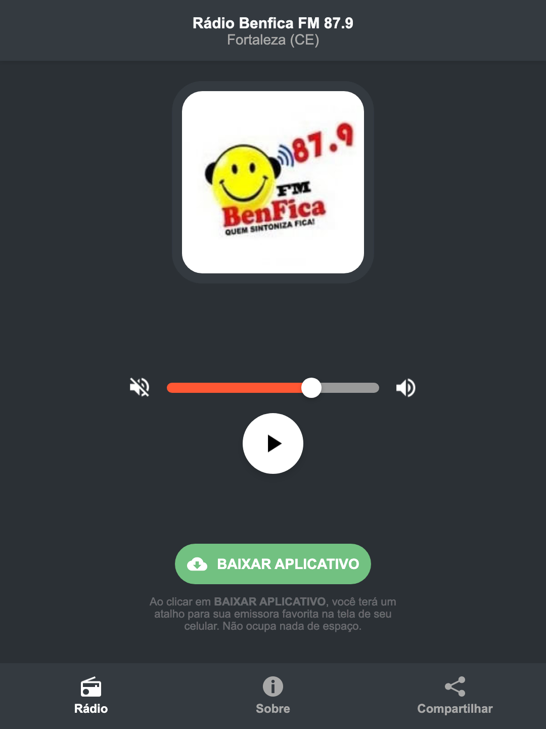 Screenshot do aplicativo da Rádio Benfica FM 87.9