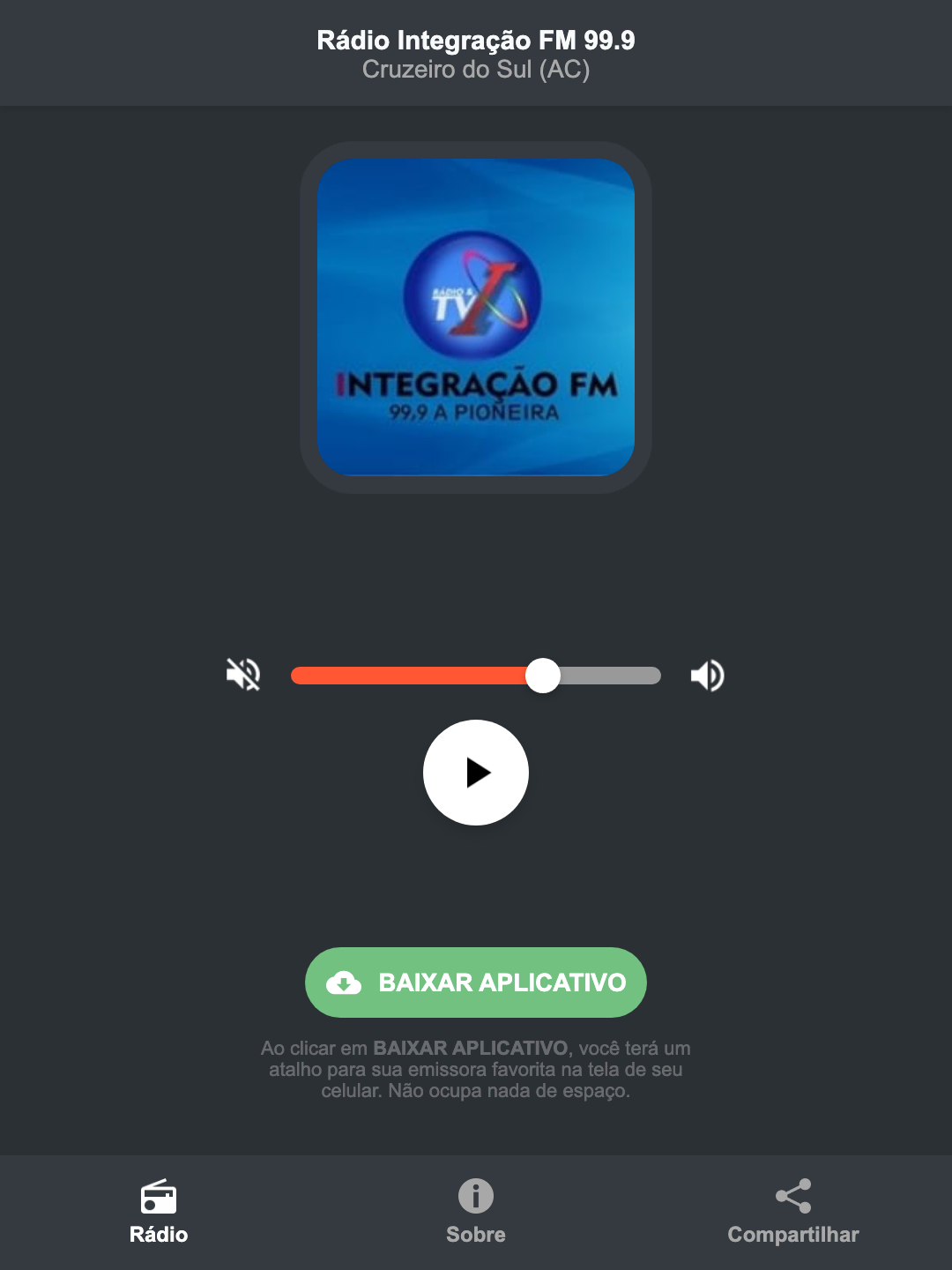 Screenshot do aplicativo da Rádio Integração FM 99.9