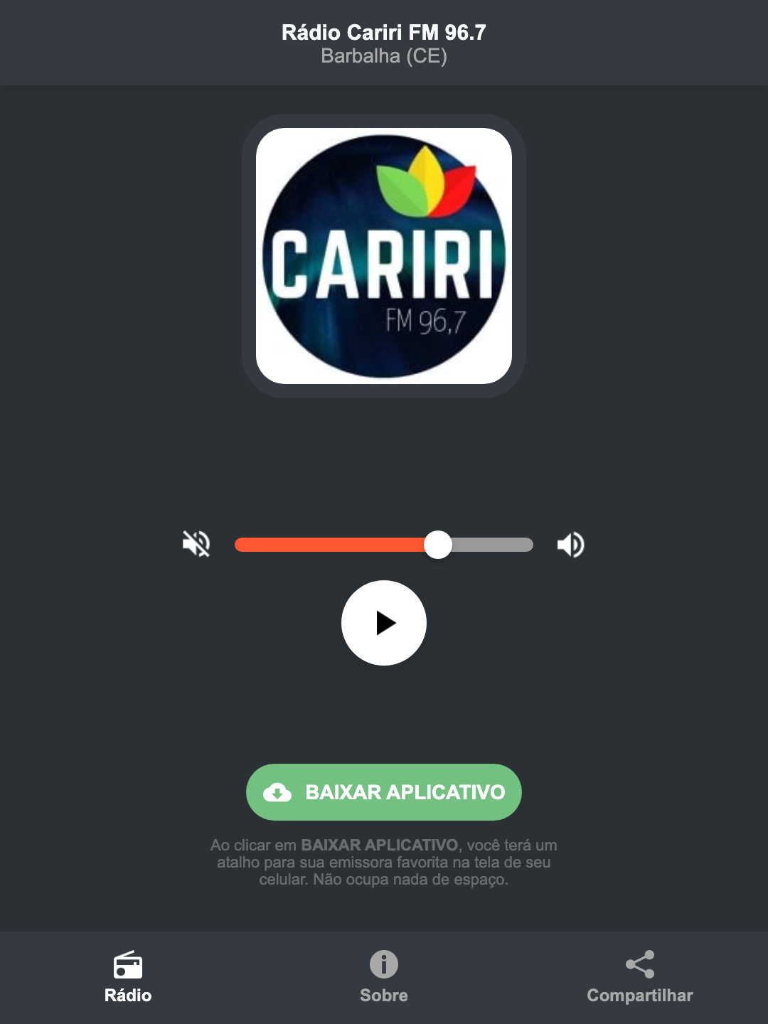 Screenshot do aplicativo da Rádio Cariri FM 96.7