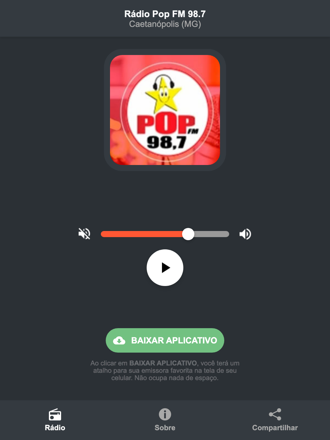 Screenshot do aplicativo da Rádio Pop FM 98.7