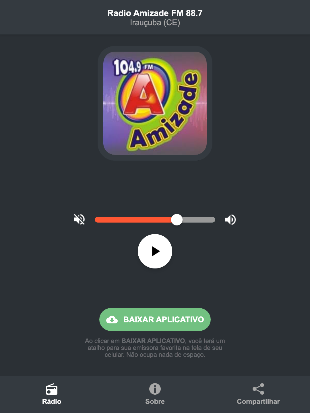 Screenshot do aplicativo da Radio Amizade FM 88.7