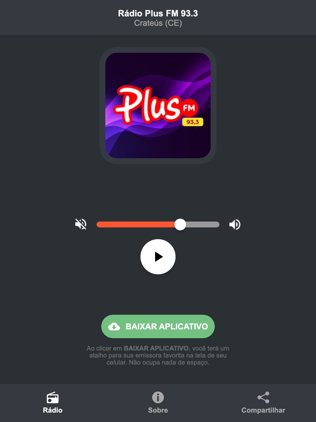 Screenshot do aplicativo da Rádio Plus FM 93.3
