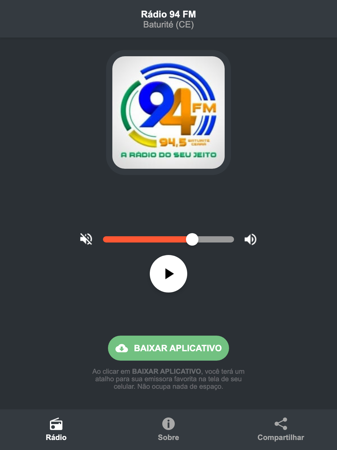 Screenshot do aplicativo da Rádio 94 FM