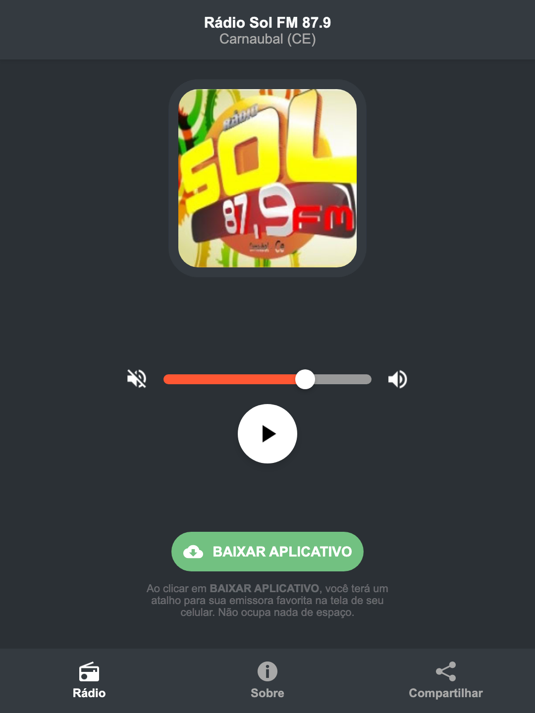 Screenshot do aplicativo da Rádio Sol FM 87.9