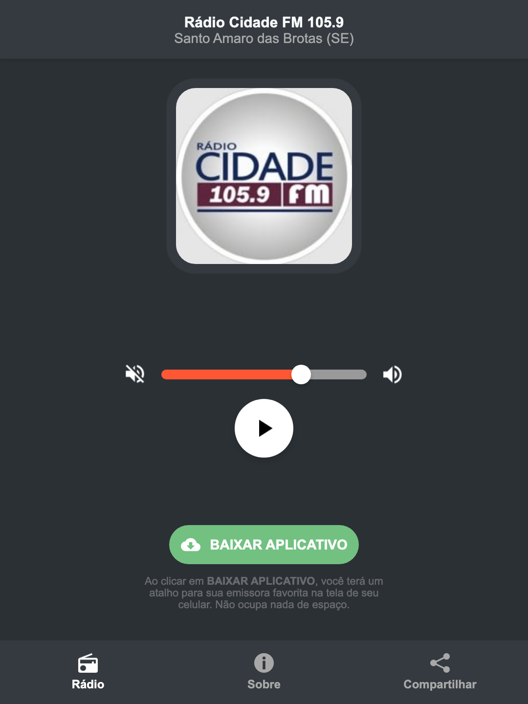 Screenshot do aplicativo da Rádio Cidade FM 105.9