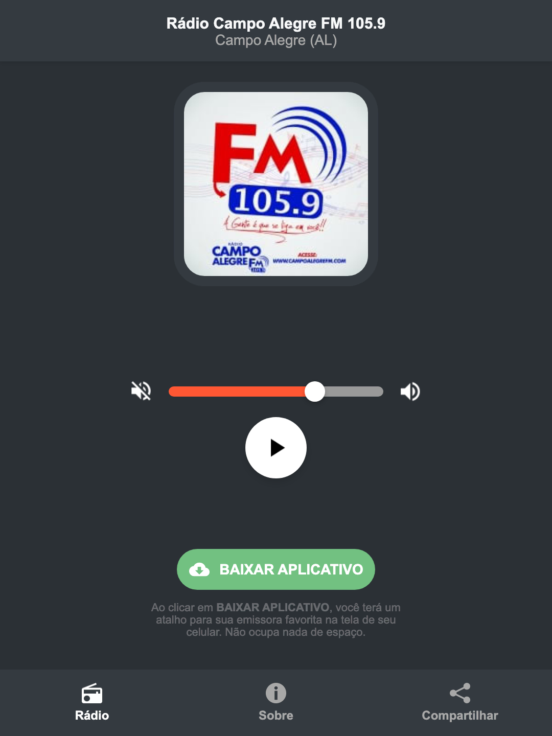 Screenshot do aplicativo da Rádio Campo Alegre FM 105.9