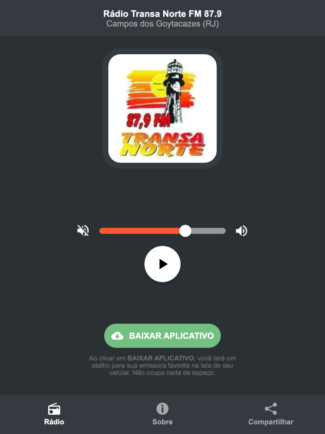 Screenshot do aplicativo da Rádio Transa Norte FM 87.9