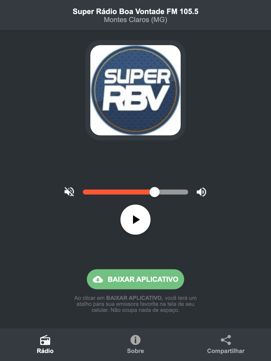 Screenshot do aplicativo da Super Rádio Boa Vontade FM 105.5
