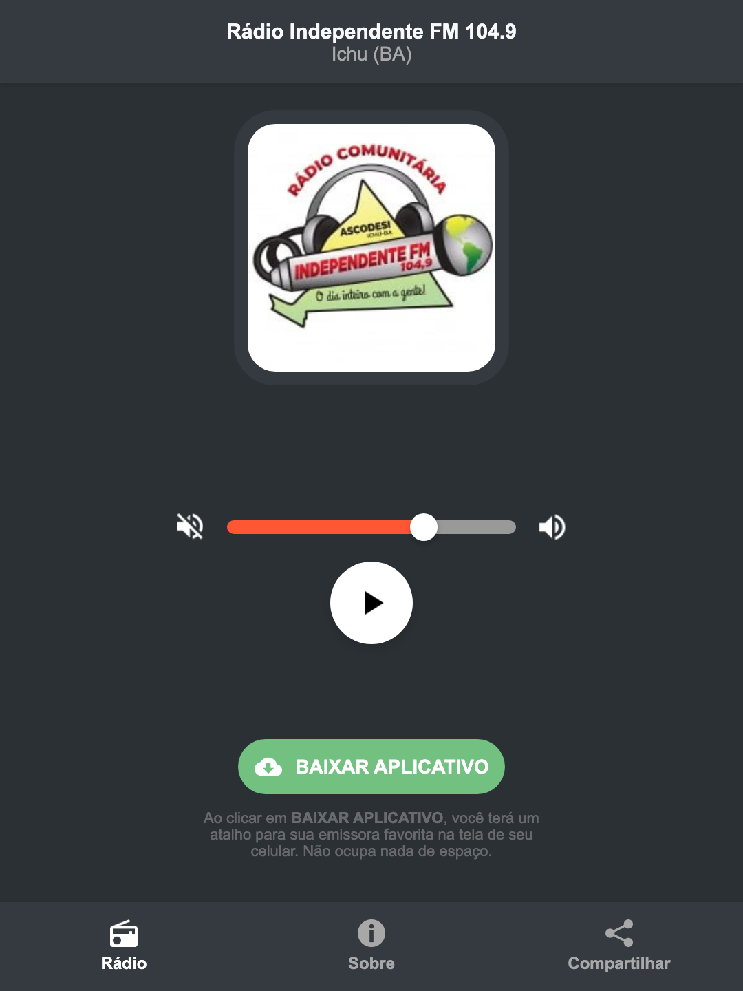Screenshot do aplicativo da Rádio Independente FM 104.9