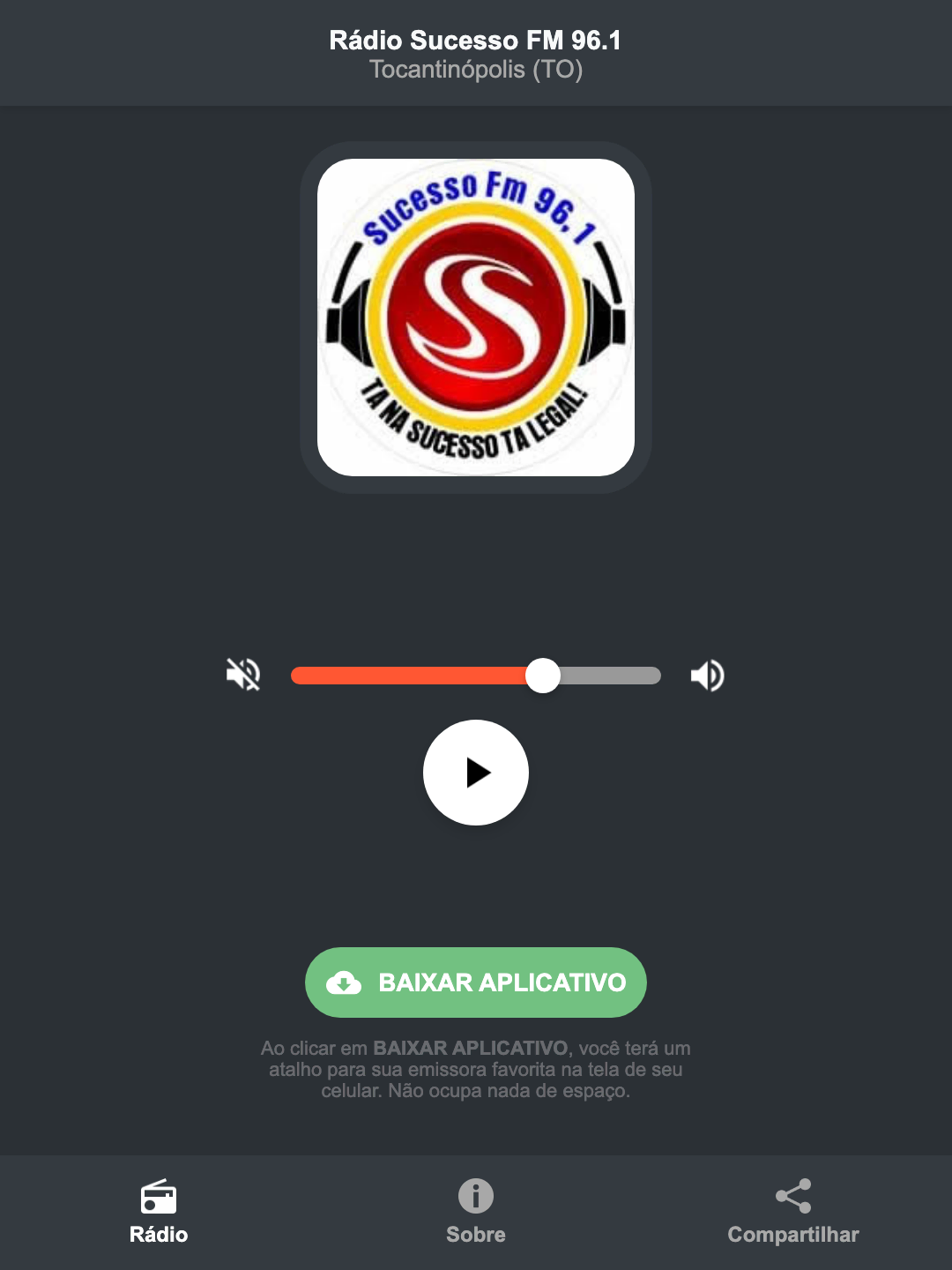Screenshot do aplicativo da Rádio Sucesso FM 96.1