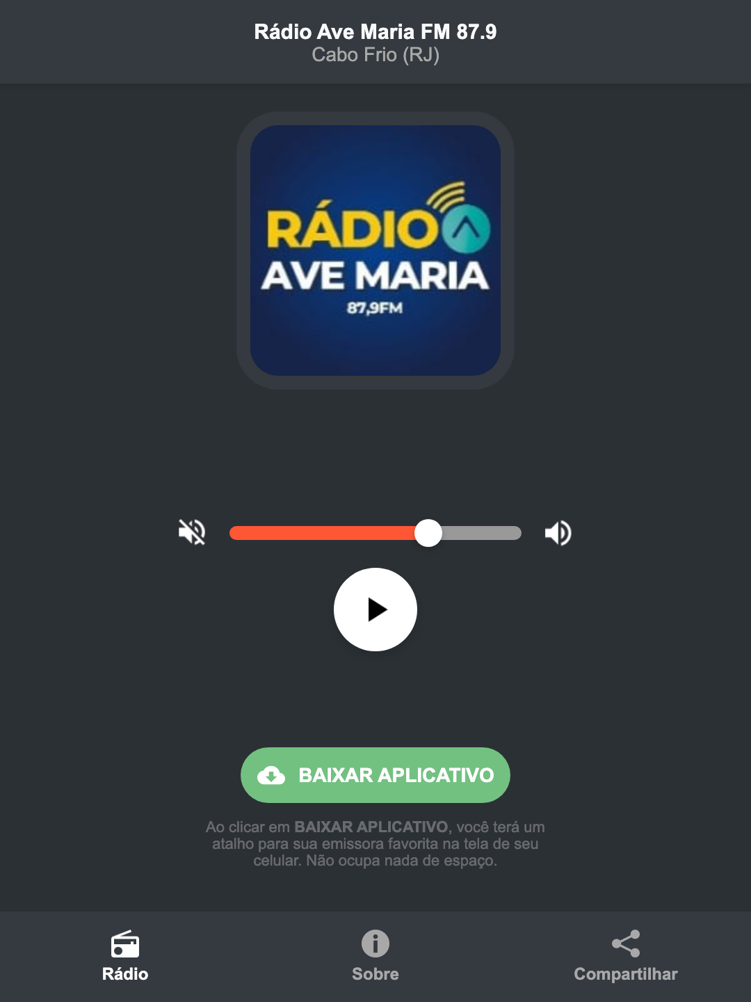 Screenshot do aplicativo da Rádio Ave Maria FM 87.9