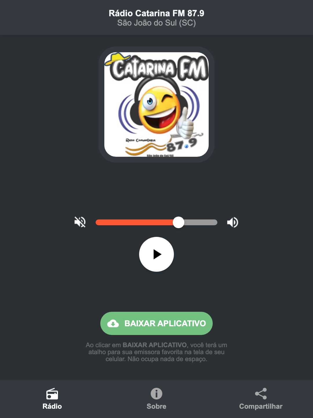 Screenshot do aplicativo da Rádio Catarina FM 87.9