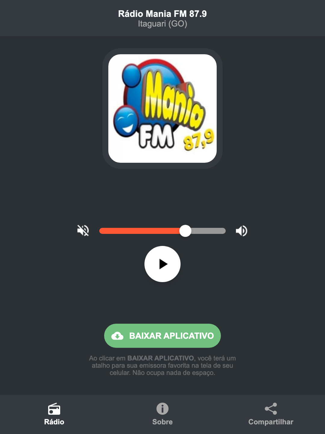 Screenshot do aplicativo da Rádio Mania FM 87.9