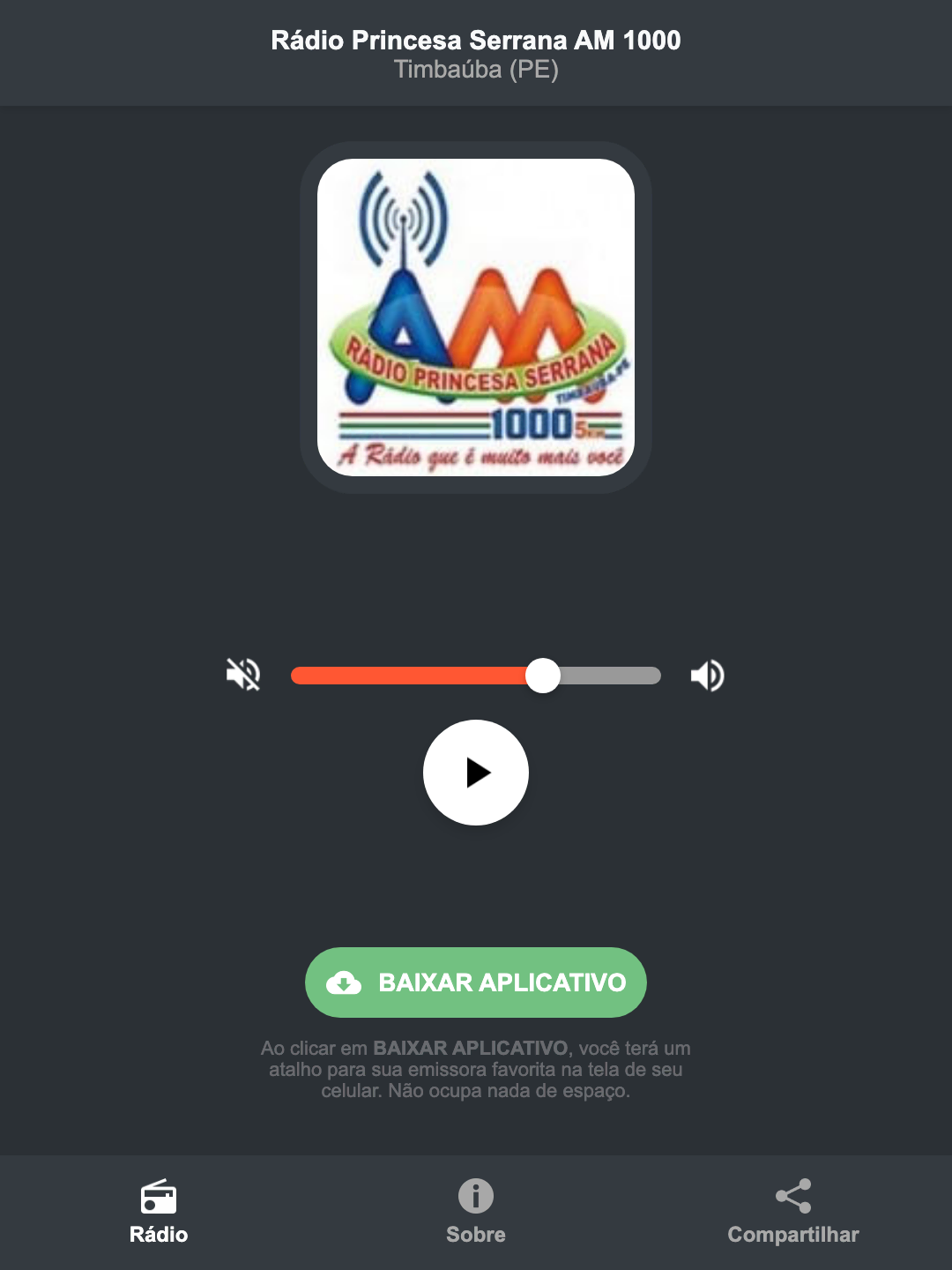 Screenshot do aplicativo da Rádio Princesa Serrana AM 1000