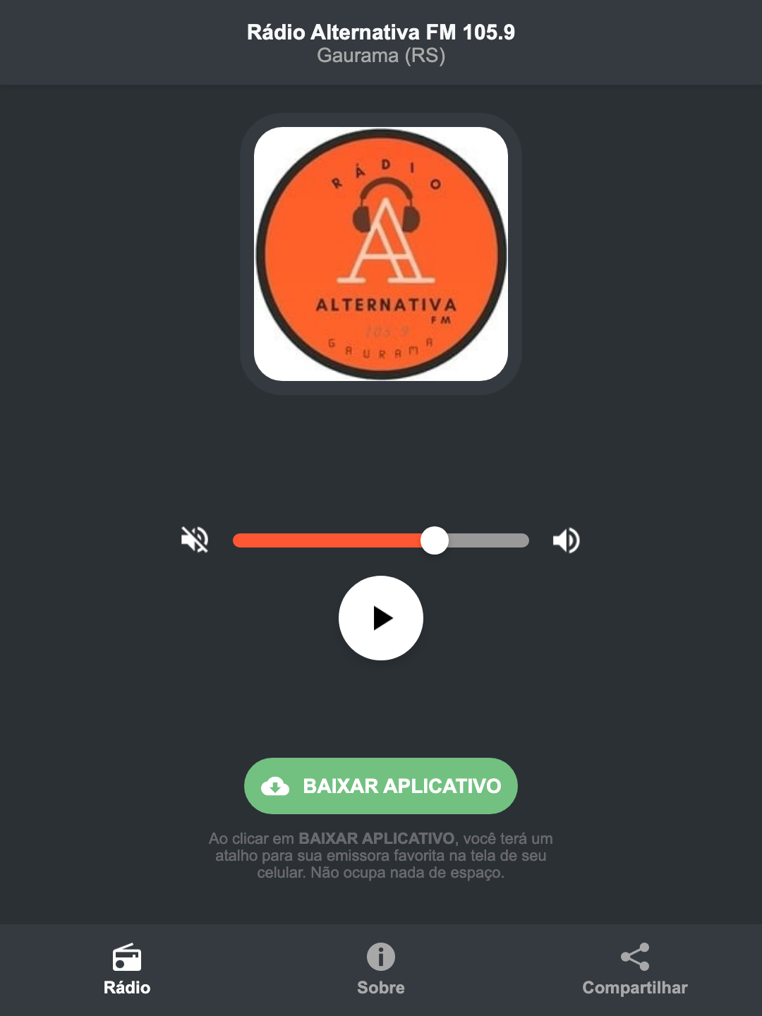 Screenshot do aplicativo da Rádio Alternativa FM 105.9