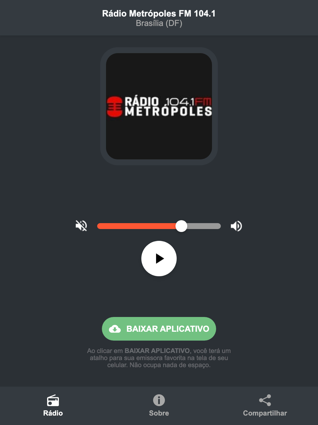Screenshot do aplicativo da Rádio Metrópoles FM 104.1