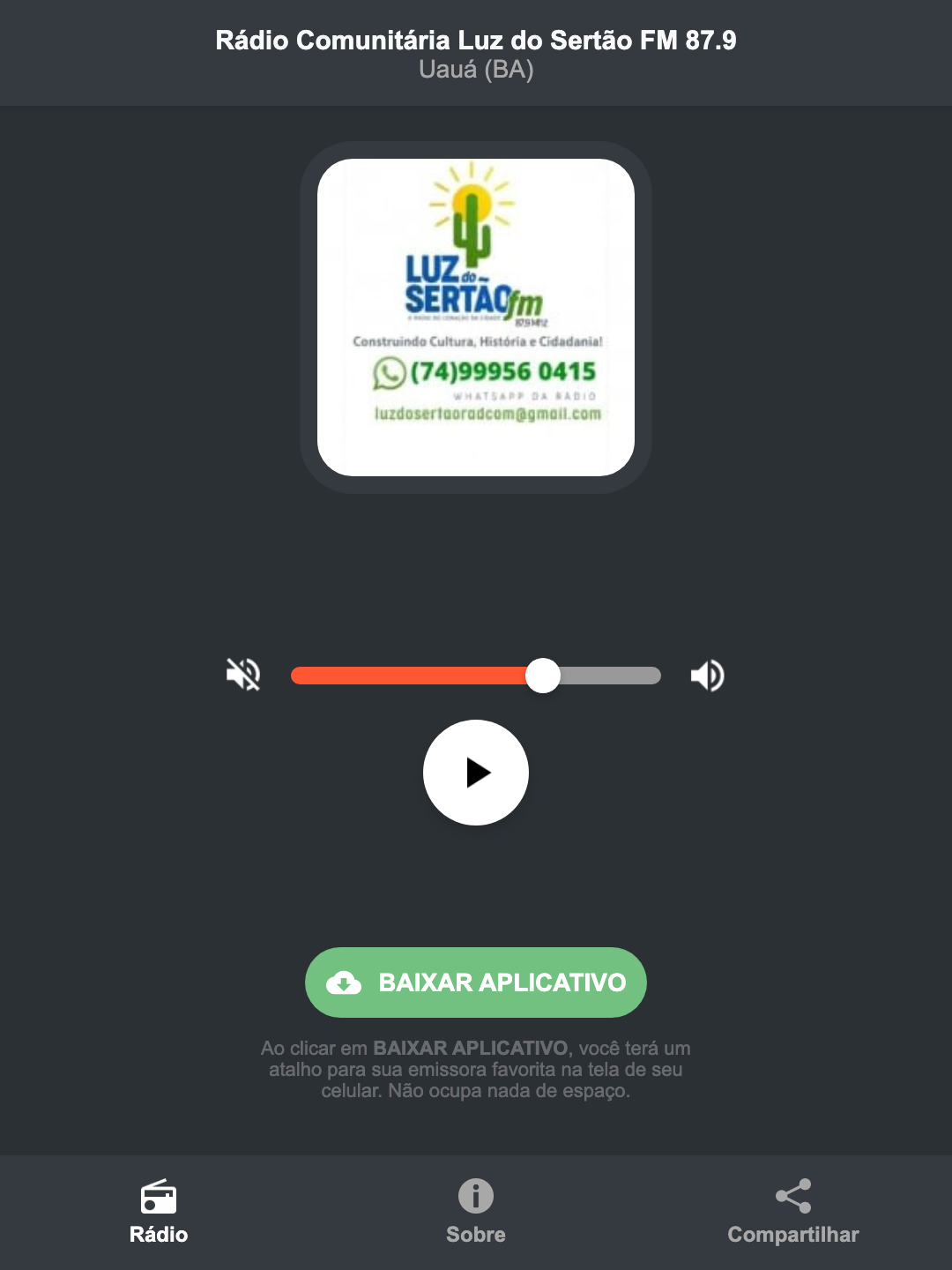 Screenshot do aplicativo da Rádio Comunitária Luz do Sertão FM 87.9