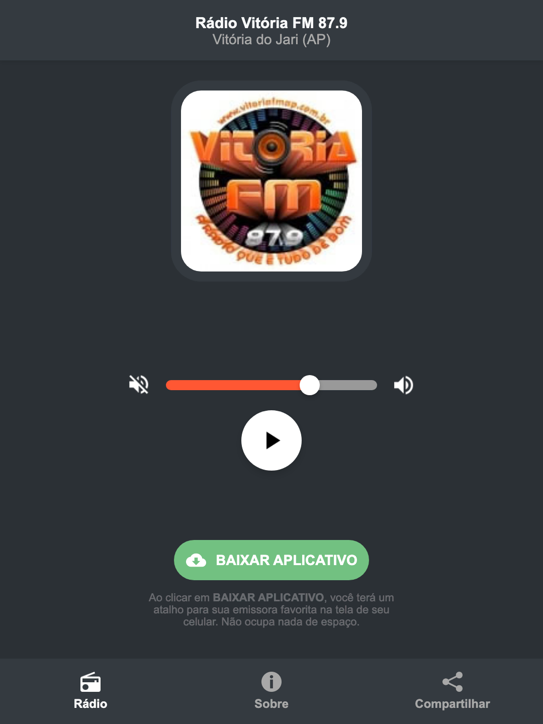Screenshot do aplicativo da Rádio Vitória FM 87.9