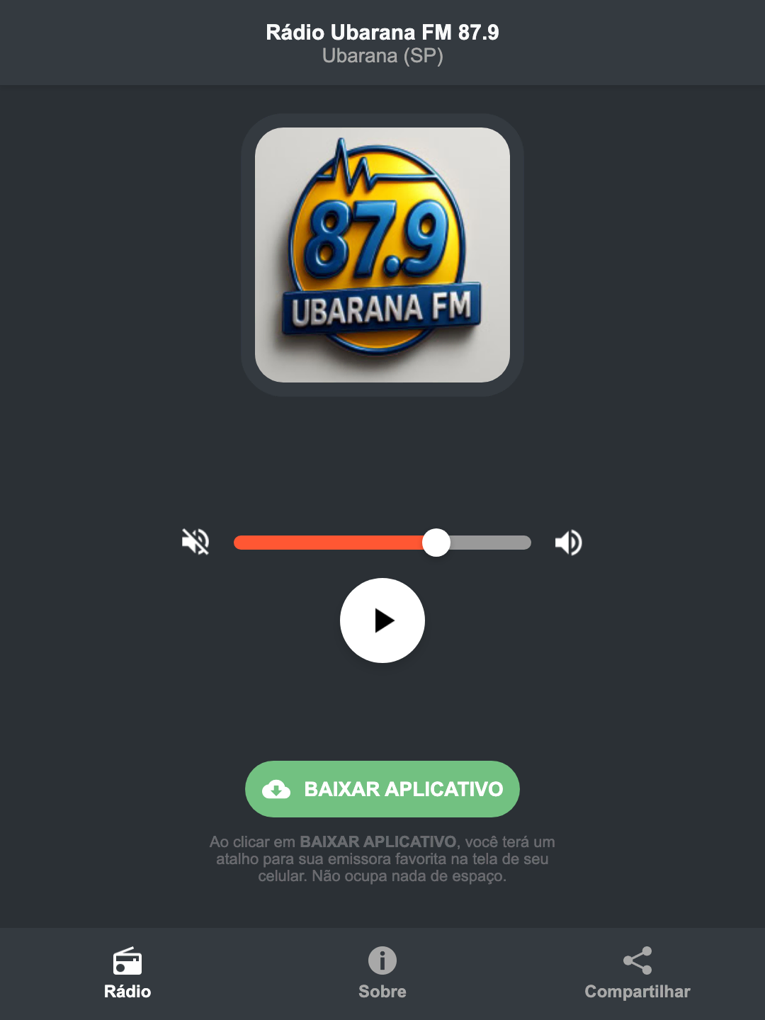 Screenshot do aplicativo da Rádio Ubarana FM 87.9