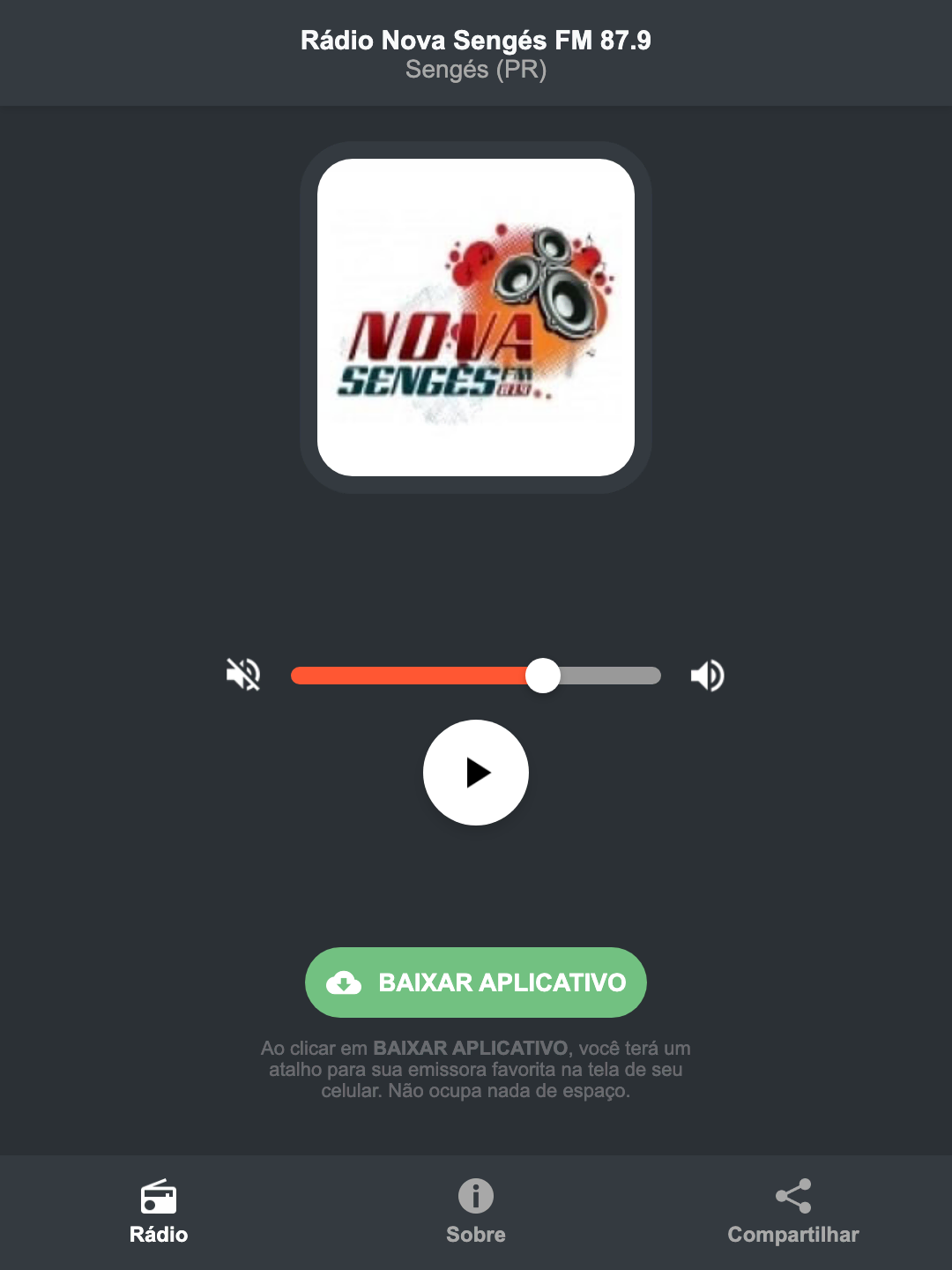 Screenshot do aplicativo da Rádio Nova Sengés FM 87.9