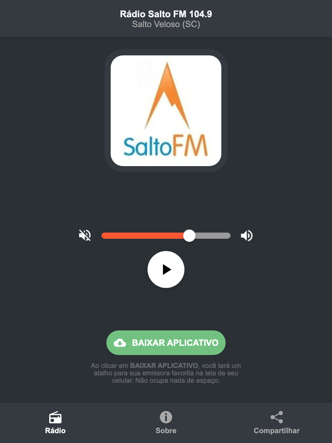 Screenshot do aplicativo da Rádio Salto FM 104.9