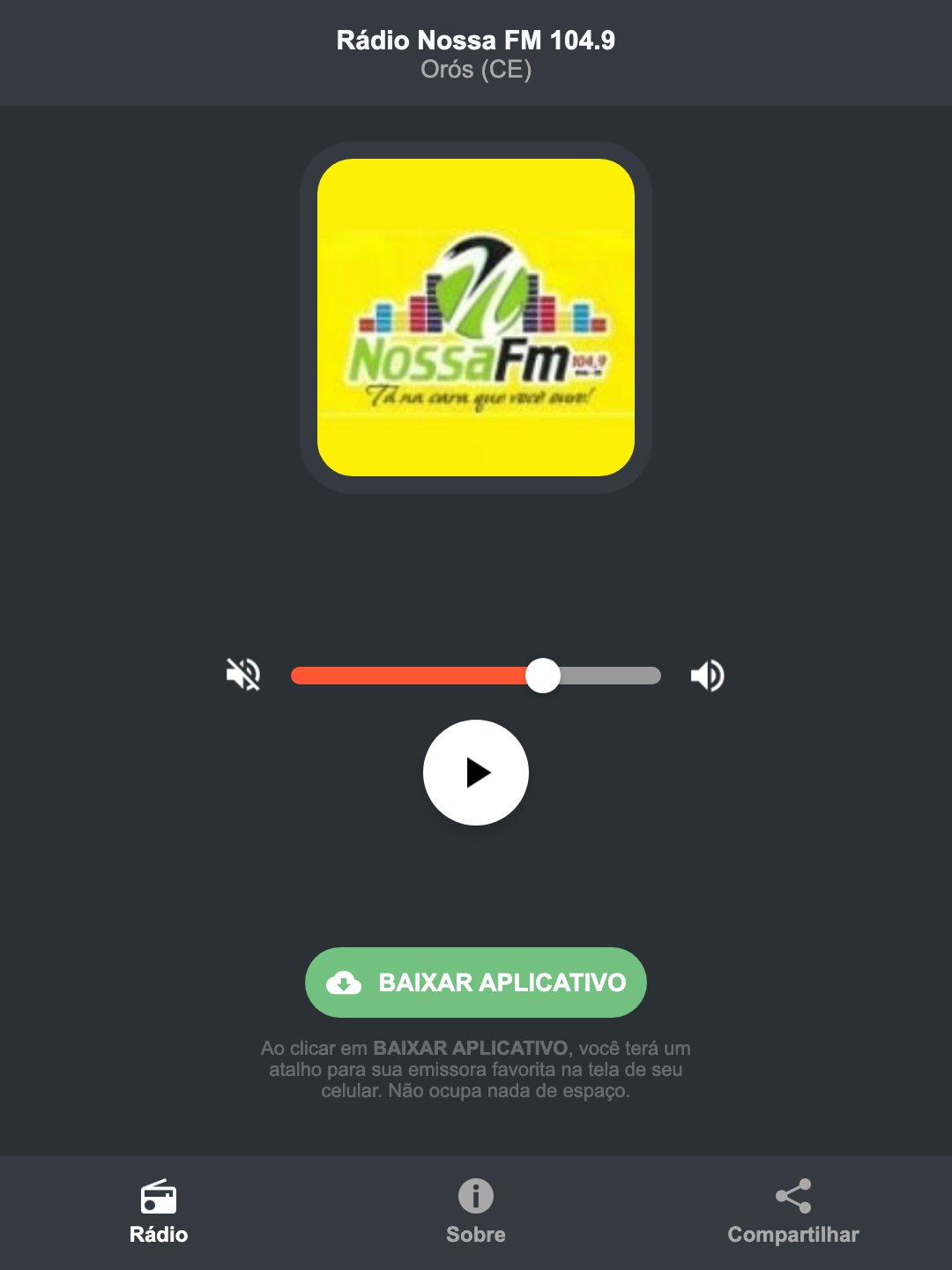Screenshot do aplicativo da Rádio Nossa FM 104.9