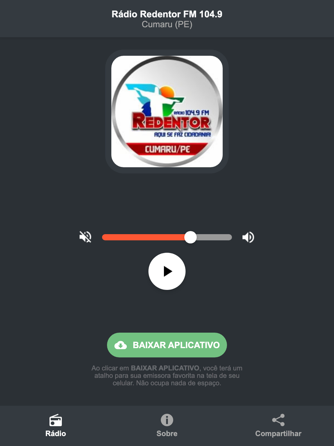 Screenshot do aplicativo da Rádio Redentor FM 104.9
