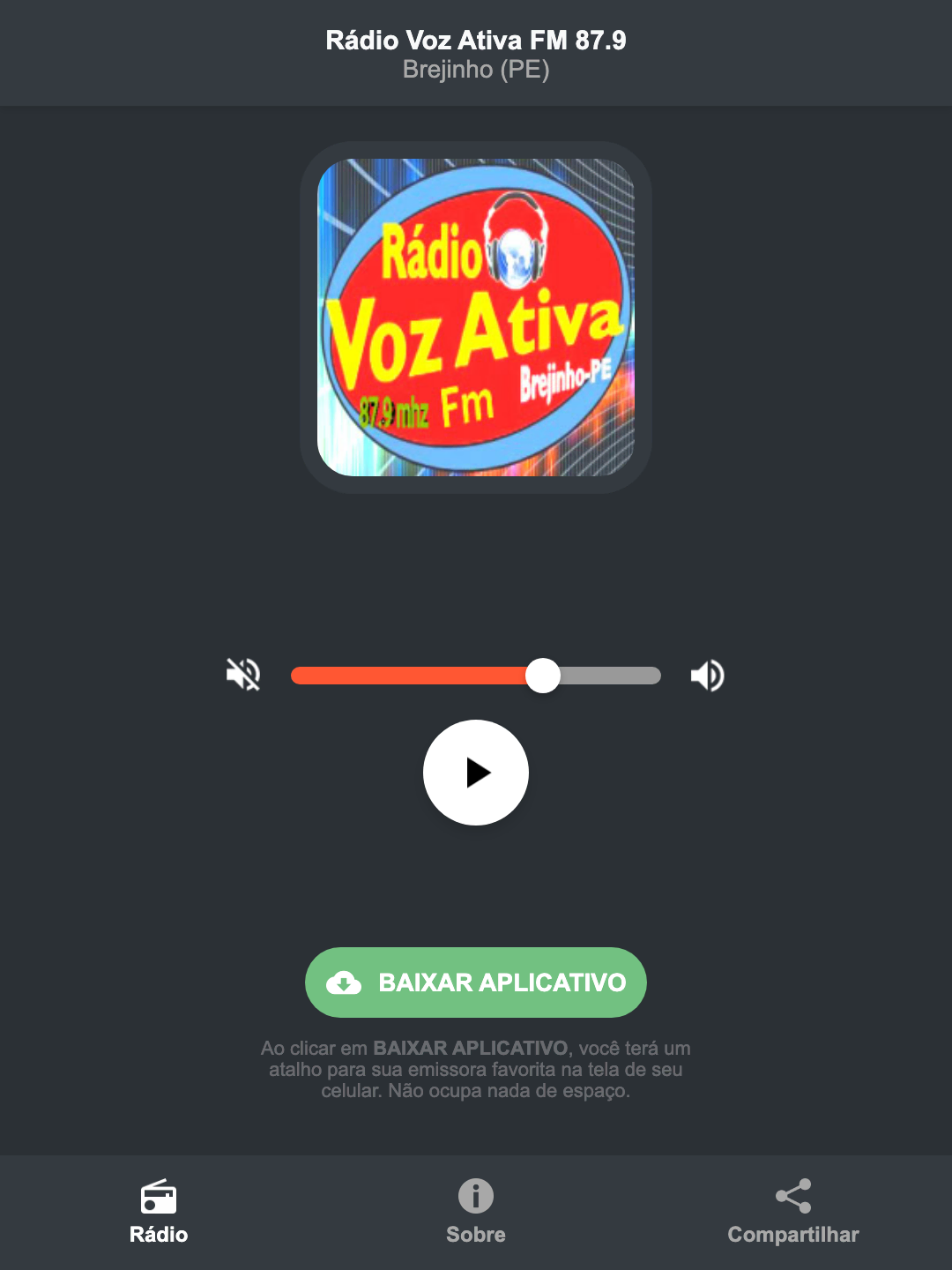 Screenshot do aplicativo da Rádio Voz Ativa FM 87.9