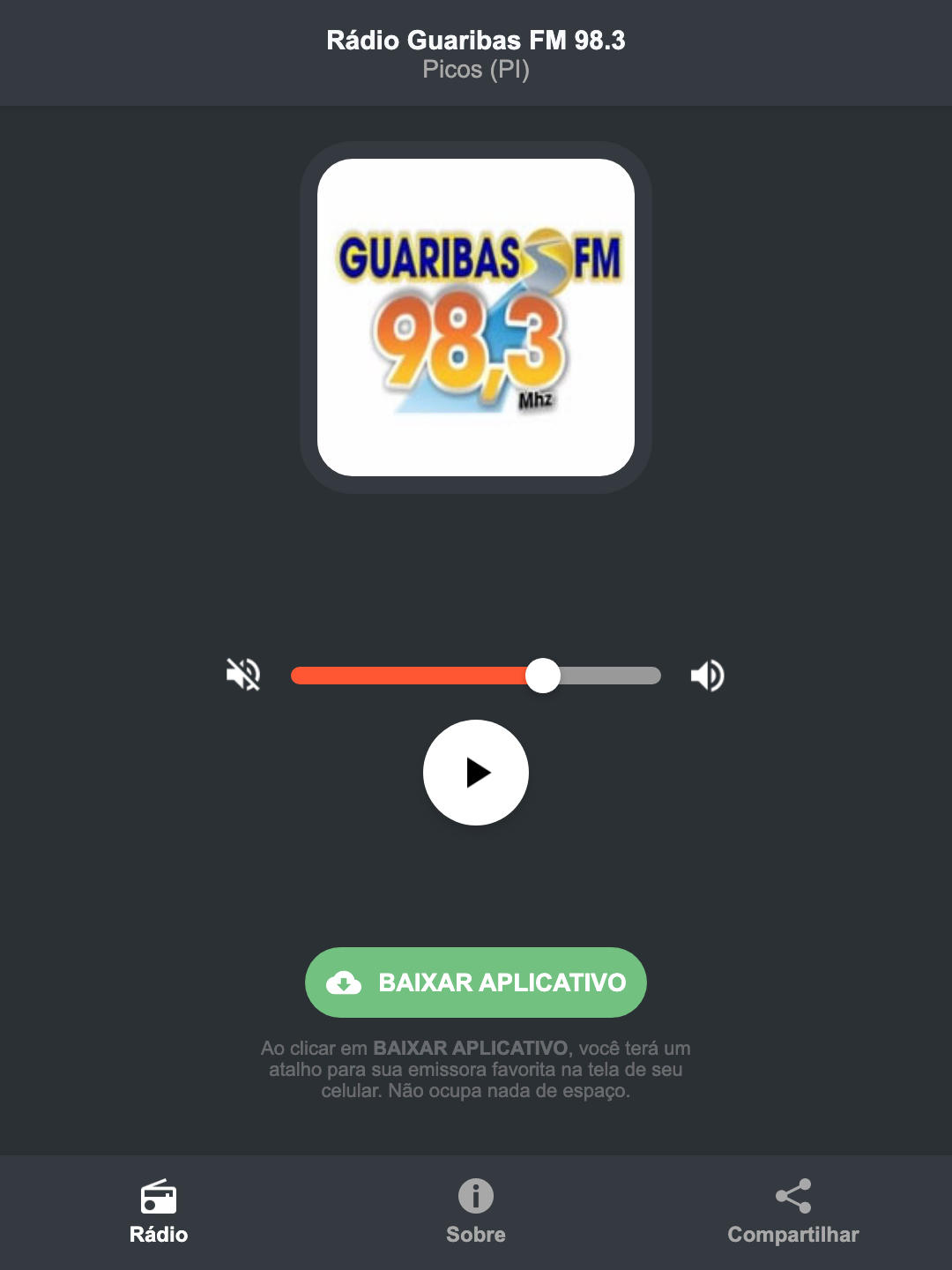 Screenshot do aplicativo da Rádio Guaribas FM 98.3