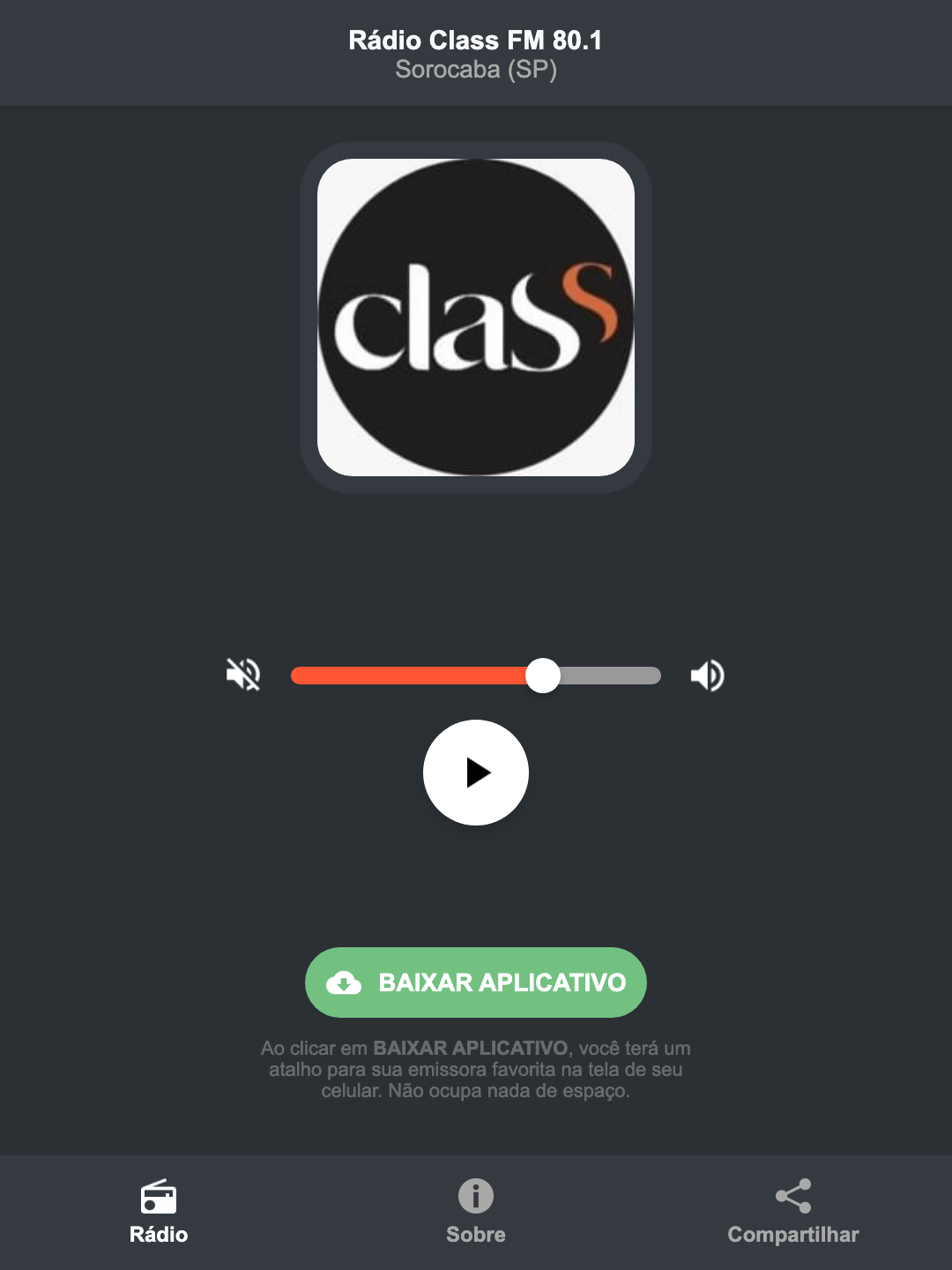 Screenshot do aplicativo da Rádio Class FM 80.1