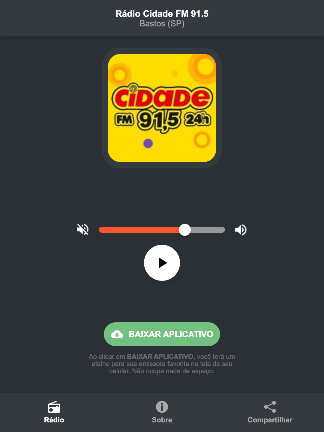Screenshot do aplicativo da Rádio Cidade FM 91.5